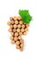Dated and vintage wine corks in the shape of a group of grapes with a green leaf on white background. - Image