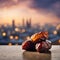 Dates Fruit with a Dusk Cloudy Sky and City Background Picturing Ramadan Atmosphere