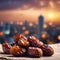 Dates Fruit Takes Center Stage in a Scene Depicting Ramadan Atmosphere, Against a Dusk Cloudy Sky and Cityscape