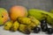 Dates, mangoes, Banana & Jambul or Malabar plum, hot summer fruits