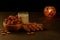 Dates in wooden bowl, milk and lantern on stone table. Muslim holy month Ramadan Kareem. Copy space