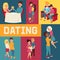 Dating banner vector illustration. People sitting in restaurant and drinking champagne. Cople in 3d glasses in cinema