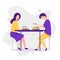 Dating. Vector cartoon funny illustration of couple. Man and woman eating healthy foot at the nature landscape. Romantic