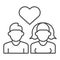 Dating young people thin line icon. Hetero couple in love, boy and girl with heart symbol, outline style pictogram on