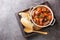 Daube de Boeuf Provencale slow cooked Rich Beef Stew closeup in the wooden tray. Horizontal top view