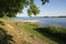 Daugava at capital Latvia. White swans and peoples.