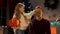 Daughter closing father eyes to surprise him with Xmas gift, festive atmosphere