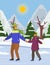 Daughter and father ice skate, frozen river. Winter forest landscape, spruce, mountains, snowy plains