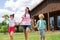 Daughter feeling excited walking with mommy and brother