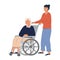 Daughter or female relative with old woman on wheelchair. Elderly senior sitting on wheelchair. Retired disabled woman