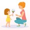 Daughter gives mother flowers on mother`s day.Mother day background