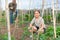 Daughter helps father clean weeds in garden beds closeup