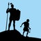 David and Goliath. Silhouette, hand drawn.