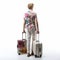 David\\\'s Rear View: A Man In Floral Shirt With Suitcases On White Background