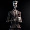 David In Southern Gothic-inspired Suit And Tie Holds Coffee Cup With Sleek Metallic Finish
