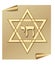 David star with hebrew word chai, english life, star of David in golden design on light golden paper with rolled corner