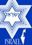 David star in Israel national colors, line art design, hebrew headline, silhouette of Israel map, template for turistic info guide