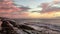 Dawn at black reef covered with seaweed in winter in Kapaa on Kauai Island, Hawaii.