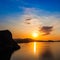 Dawn at Black sea. Morning seascape with mountains. Crimea