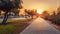 Dawn floods concrete paved stone sidewalk