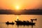 Dawn on the Ganges river, with the silhouettes of boats with pilgrims. Varanasi