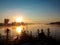 Dawn on the lake the silhouette of the man on the bridge an unforgettable landscape