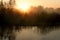 Dawn on the lake. The sun in the fog above the water and grass on the shore.