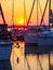 Dawn landscape of quayside with jetty full of sailing yachts, calm, tranquil and serenity waterfront view