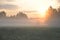 Dawn on meadow. Colorful sunrise and fog above field and trees. Nature