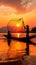 Dawn ritual Silhouetted fisherman on a wooden boat, casting nets