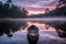 Dawn\\\'s Ethereal Glow on Tranquil Lake with Solitary Canoe Amidst Dense Tree Canopy. Generative Ai