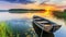 Dawn serenity wooden boat on mirrored lake, tranquil reflections, Ai Generated