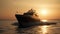 A dawn voyage unfolds as a luxurious motor boat sails majestically on the sea
