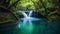 Dawns Serenity: A Majestic Waterfall in a Lush Green Oasis