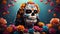 Day of the dead background, La Catrina, mexican skull, flowers, altar and candles festive banner with copy space text, wallpaper