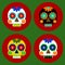 Day of the dead card design. Vector icons in flat style. Collection of 4 skulls decorated with patterns at red and green backgroun