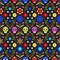 Day of the dead. Colorful mexican skulls, flowers and leaves on dark background. Traditional seamless pattern for fiesta