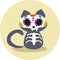 Day of the Dead, Dias de los Muertos, Halloween cute gray cat skeleton and flower skull vector illustration