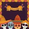 Day of the dead, floral catrinas flowers with hat decoration card, mexican celebration