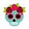 Day of the dead, green sugar skull with flowers and leaves decoration, mexican celebration icon flat style