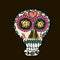 Day Of The Dead. Mexican traditional festival Dia de Los Muertos. Hand drawn skulls with floral decor on a black background.