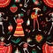 Day of The Dead motley seamless pattern with skeletons dressed in traditional Mexican clothes playing guitar and dancing