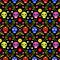 Day of the dead seamless pattern with colorful skulls and flowers on dark background. Traditional mexican Halloween