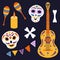 Day of the dead set. Day of the Dead in Mexico. Collection of skulls, maracas, guitar, bones.