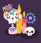 Day of the dead, skeleton catrina candle and flowers decoration traditional celebration mexican