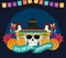 Day of the dead, skull with hat tequila bottles flowers and ribbon, mexican celebration