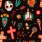 Day of dead traditional Mexican holiday seamless pattern. National attributes - sugar skulls, candles, cross, flowers