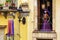 Day of the death. Traditional Mexican Catrina at the window of the old historic building, Guanajuato, Mexico. An