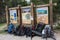 Day hikers leave their backpacks by the Little Lakes Valley trail head sign in the Eastern