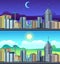 Day night cityscape. Buildings city office center, apartment hose hotel day time urvan vector set